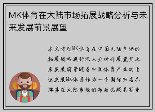 MK体育在大陆市场拓展战略分析与未来发展前景展望